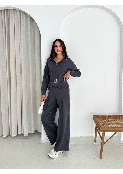 Tesettür Uyumlu Modal Kumaş Kemerli Fermuarlı Şık Günlük Takım / Modest Modal Tracksuit Set modelleri