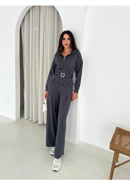 Tesettür Uyumlu Modal Kumaş Kemerli Fermuarlı Şık Günlük Takım / Modest Modal Tracksuit Set fırsatları