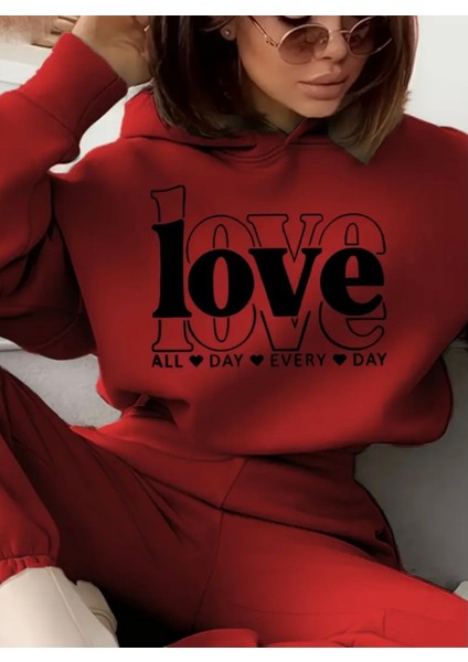 Punıx Büyük Beden Özel Seri Kapüşonlu Love Baskılı %100 Pamuk Oversize Kışlık Kadın Eşofman Takımı