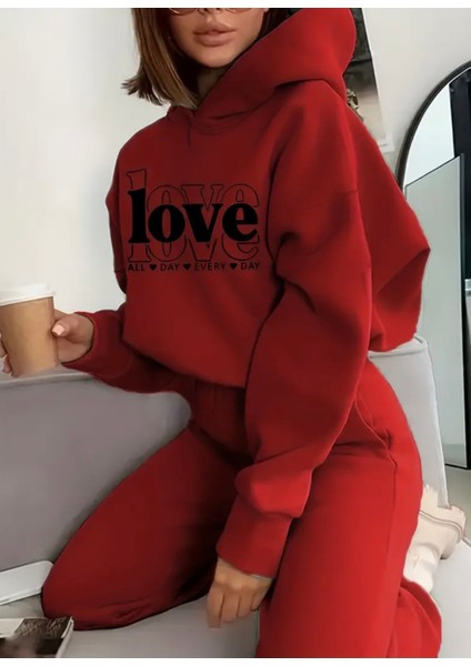 Punıx Büyük Beden Özel Seri Kapüşonlu Love Baskılı %100 Pamuk Oversize Kışlık Kadın Eşofman Takımı fiyatları