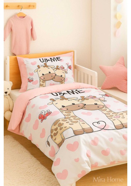 Yenidoğan Kız Bebek Nevresim Takımı &AMP;#37;100 Pamuklu Zürafa