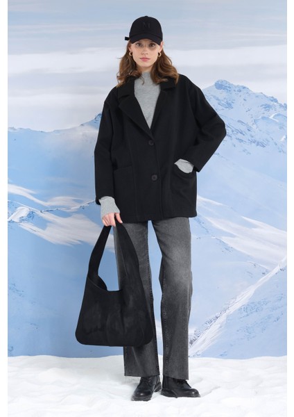 Geniş Yaka Kaşe Kaban Siyah