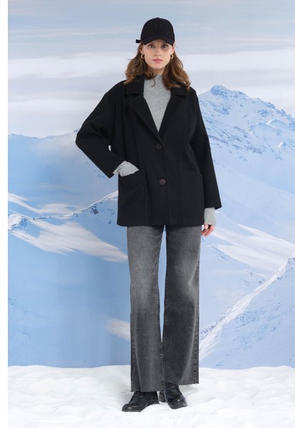 Geniş Yaka Kaşe Kaban Siyah