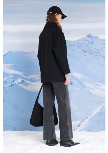 Geniş Yaka Kaşe Kaban Siyah