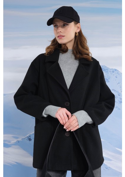 Geniş Yaka Kaşe Kaban Siyah