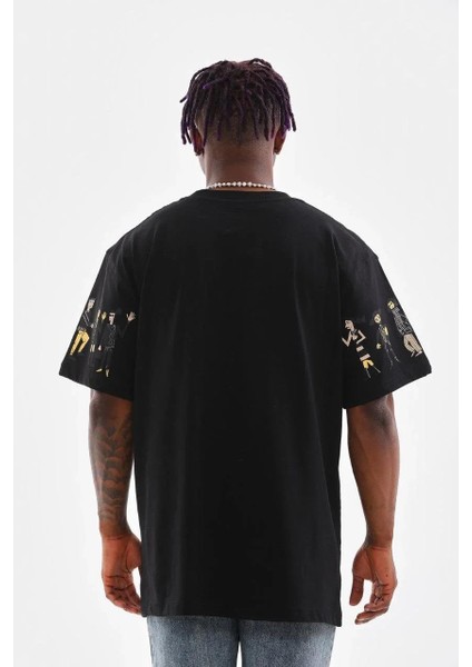 Unisex Bisiklet Yaka Baskılı Oversize T-Shirt - Siyah