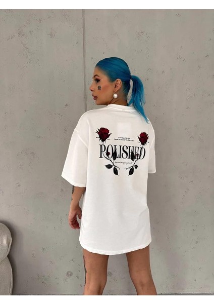 Unisex Bisiklet Yaka Baskılı Oversize T-Shirt - Bej fiyatları