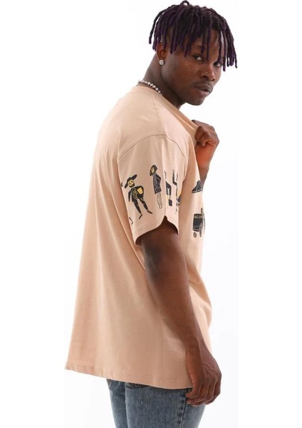 Unisex Bisiklet Yaka Baskılı Oversize T-Shirt - Bej