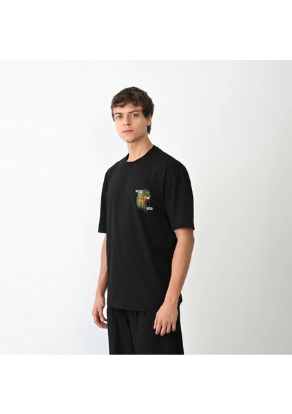 Unisex Bisiklet Yaka Baskılı Oversize T-Shirt - Siyah fiyatları