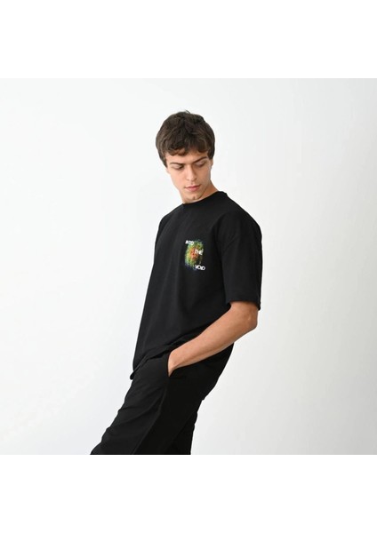 Unisex Bisiklet Yaka Baskılı Oversize T-Shirt - Siyah modelleri