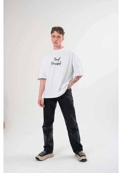 Unisex Bisiklet Yaka Baskılı Oversize T-Shirt - Siyah fırsatları