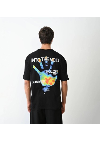 Unisex Bisiklet Yaka Baskılı Oversize T-Shirt - Siyah indirimleri