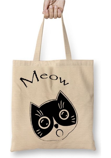 Cat Meow Kedi Beyaz Bez Çanta Uzun Saplı Alışveriş Çantası Plaj Çantası