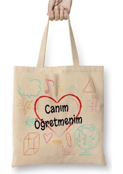 Canım Öğretmenim Öğretmenler Günü Beyaz Bez Çanta Uzun Saplı Alışveriş Çantası Plaj Çantası