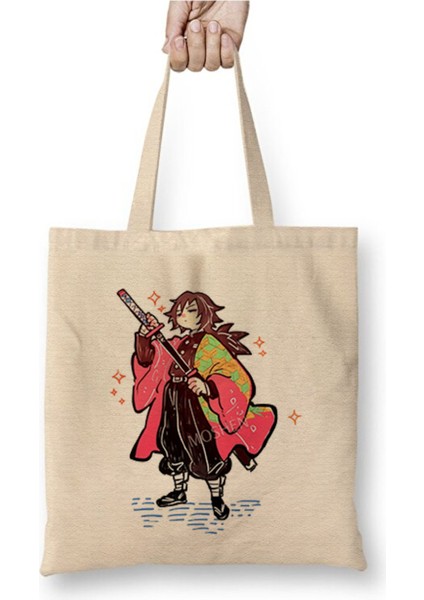 Giyu Tomioka Demon Slayer Iblis Keser 001 Bez Çanta Uzun Saplı Alışveriş Çantası Plaj Çantası