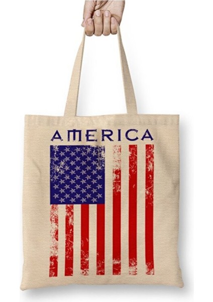 Amerika Bayrağı Beyaz Bez Çanta Uzun Saplı Alışveriş Çantası Plaj Çantası