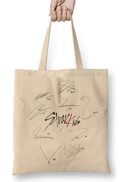 Stray Kids Lee Know Chibi Beyaz Bez Çanta Uzun Saplı Alışveriş Çantası Plaj Çantası