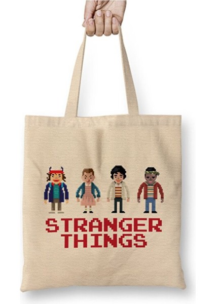 The Kids Of Stranger Things Pixellated Bez Çanta Uzun Saplı Alışveriş Çantası Plaj Çantası