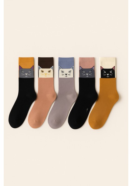 Kadın 5'li Kedi Desenli Soket Çorap