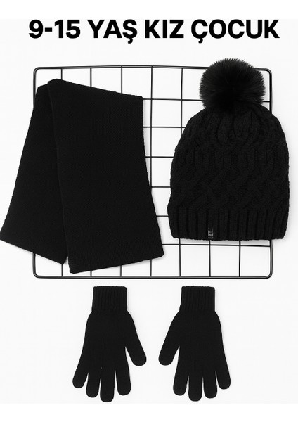 Genç Kız 9-15YAŞ Ponponlu Örgü Bere Atkı Eldiven 3 'lü Takım Siyah