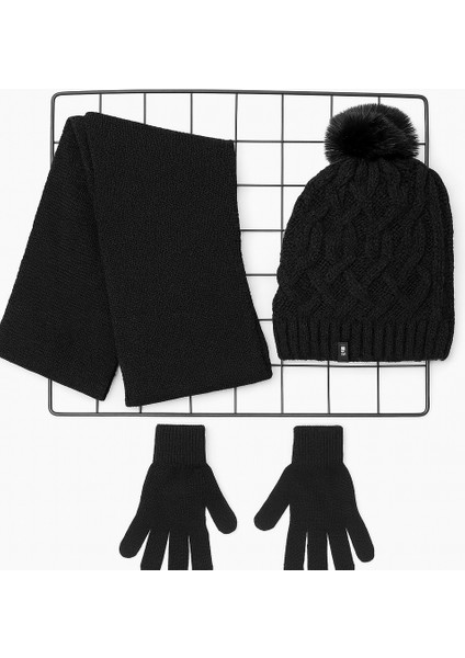 Genç Kız 9-15YAŞ Ponponlu Örgü Bere Atkı Eldiven 3 'lü Takım Siyah fırsatları