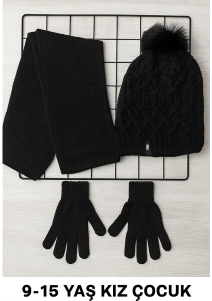 Genç Kız 9-15YAŞ Ponponlu Örgü Bere Atkı Eldiven 3 'lü Takım Siyah indirimleri