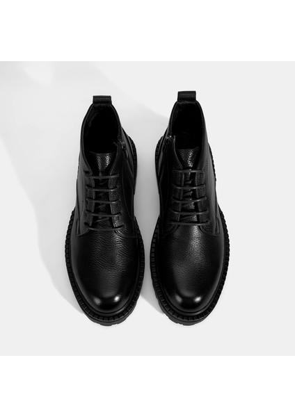 Erkek Siyah Bağcıklı Kalın Tabanlı Deri Postal Bot