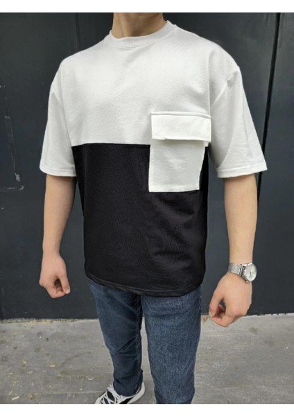 Unisex Torba Cep Detaylı Parçalı T-Shirt - Siyah