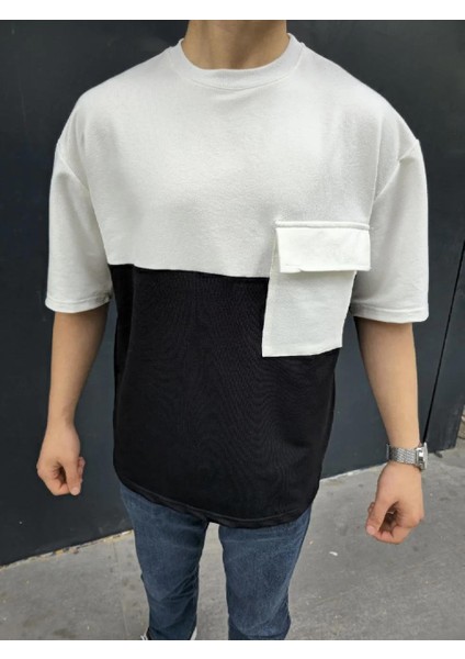 Unisex Torba Cep Detaylı Parçalı T-Shirt - Siyah