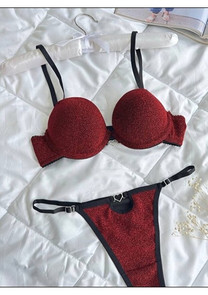 Simli Kırmızı Destekli Sütyen Külot Takımı - Push Up Balenli Harika Iç Çamaşırı Seti