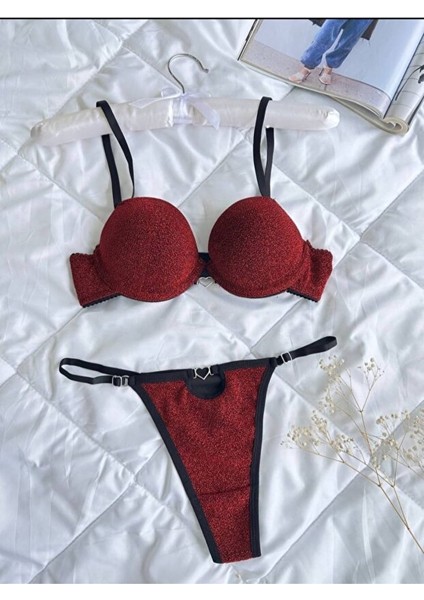 Simli Kırmızı Destekli Sütyen Külot Takımı - Push Up Balenli Harika Iç Çamaşırı Seti fiyatları