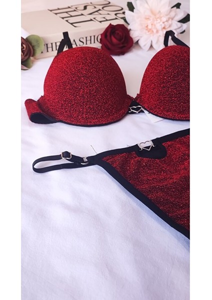 Simli Kırmızı Destekli Sütyen Külot Takımı - Push Up Balenli Harika Iç Çamaşırı Seti modelleri