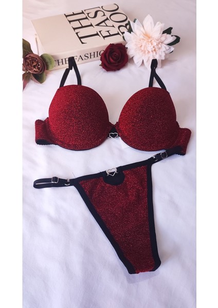 Simli Kırmızı Destekli Sütyen Külot Takımı - Push Up Balenli Harika Iç Çamaşırı Seti fırsatları