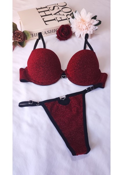 Simli Kırmızı Destekli Sütyen Külot Takımı - Push Up Balenli Harika Iç Çamaşırı Seti indirimleri