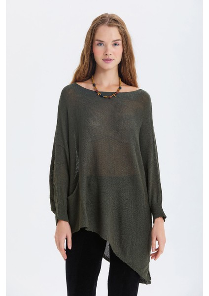 Salaş Asimetrik Uzun Bohem Tarz Triko Bluz Haki