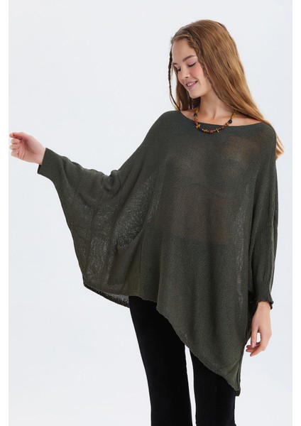 Salaş Asimetrik Uzun Bohem Tarz Triko Bluz Haki modelleri