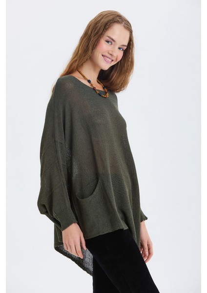 Salaş Asimetrik Uzun Bohem Tarz Triko Bluz Haki fırsatları