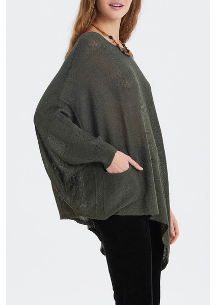 Salaş Asimetrik Uzun Bohem Tarz Triko Bluz Haki