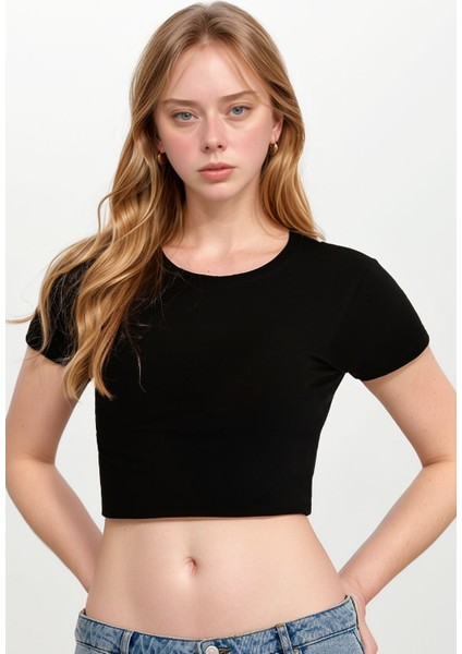Kadın Giyim Pamuklu - Elastan Yarım Kol Bisiklet Yaka Crop LL.01.ILK.110