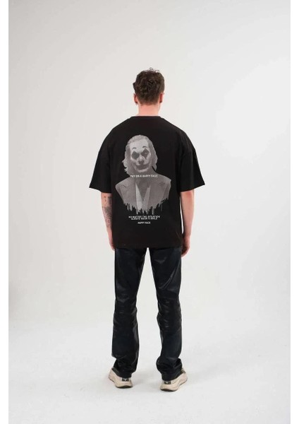 Unisex Bisiklet Yaka Baskılı Oversize T-Shirt - Siyah modelleri