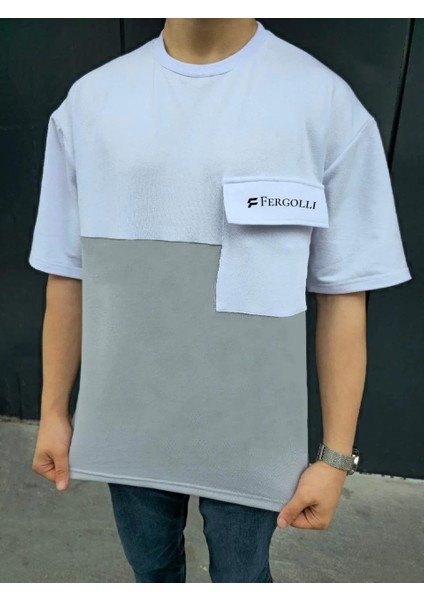 Unisex Torba Cep Detaylı Parçalı T-Shirt - Gri