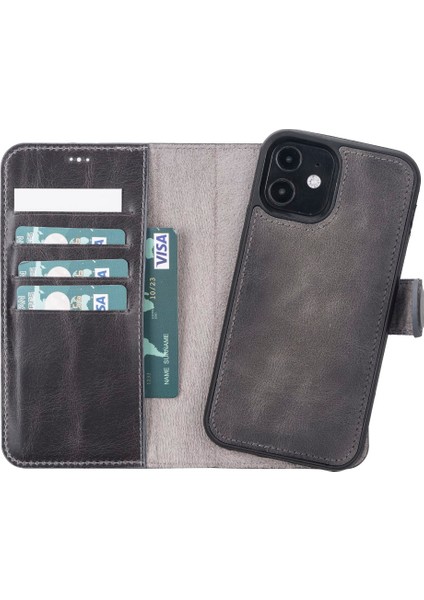 Apple iPhone 12 Pro Uyumlu Deri Cüzdanlı Kılıf VS4EF Gri