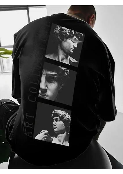 Benzersiz Sırt Baskılı Erkek Sokak Stili Bol Tişört - Nefes Alabilir Polyester, Makinede Yıkanabilir - Siyah