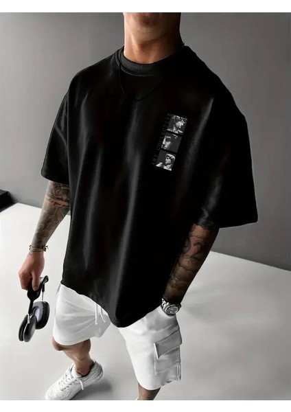 Benzersiz Sırt Baskılı Erkek Sokak Stili Bol Tişört - Nefes Alabilir Polyester, Makinede Yıkanabilir - Siyah fiyatları
