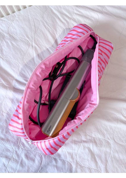 Pembe Çizgili Seyahat Çantası Sıvı Geçirmez Oval Tasarım 39x15 cm Saç Aletleri İçin fiyatları