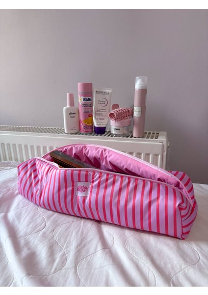 Pembe Çizgili Seyahat Çantası Sıvı Geçirmez Oval Tasarım 39x15 cm Saç Aletleri İçin fırsatları