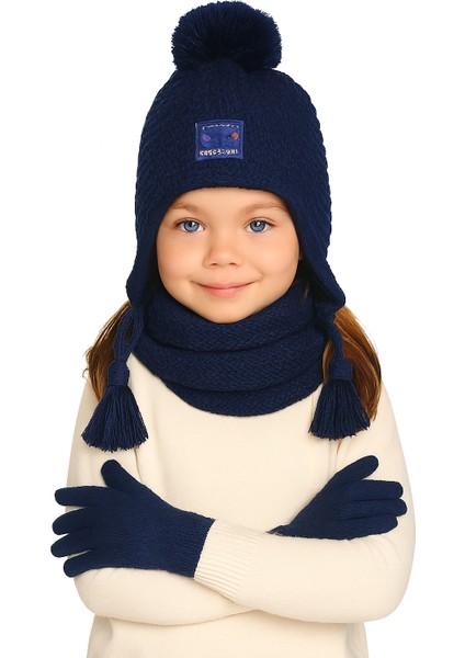 Unisex 4-8 Yaş Çocuk Ponponlu Bere Atkı Eldiven 3'lütakım