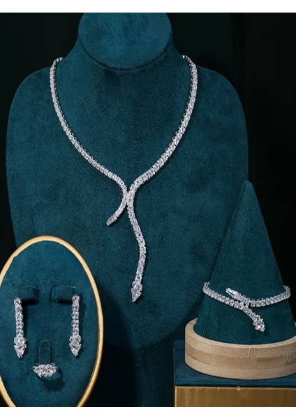 Gümüş Kaplama Zirkon Taşlı Yılan Figürlü Düğün Takı Seti