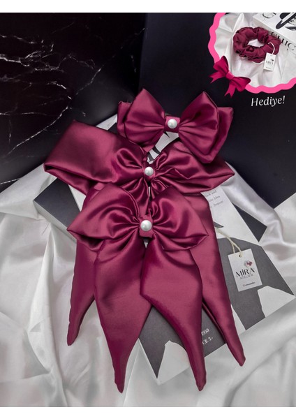 Kadın 3’lü Fiyonk Saç Tokası Seti + Scrunchie Hediyeli - Asil Şarap