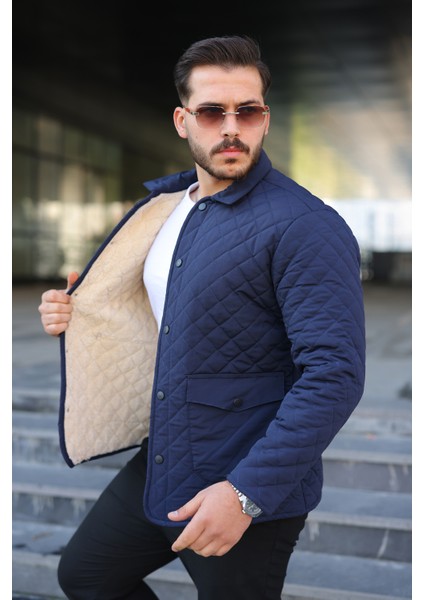 Erkek Çıtçıt Basic Kışlık Kürklü Lacivert Kapitone Mont